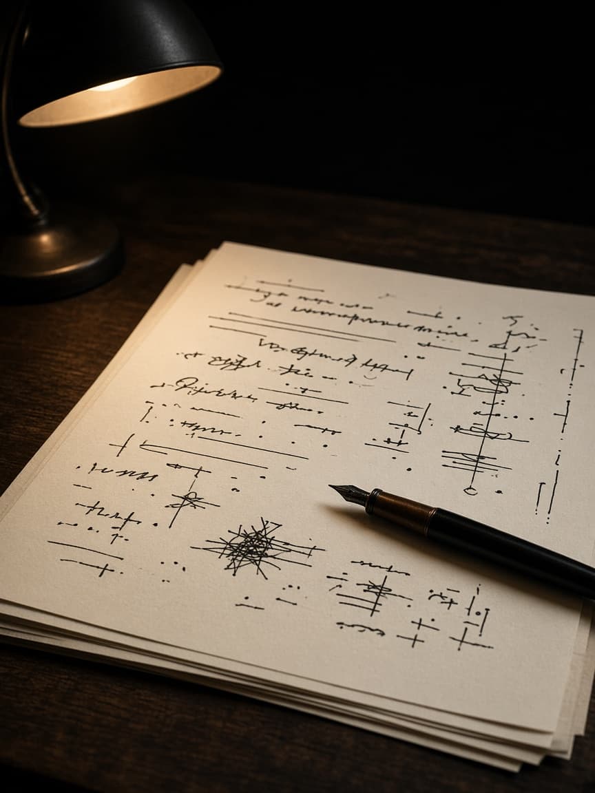 An annotated draft on a dark desk, written in ink.