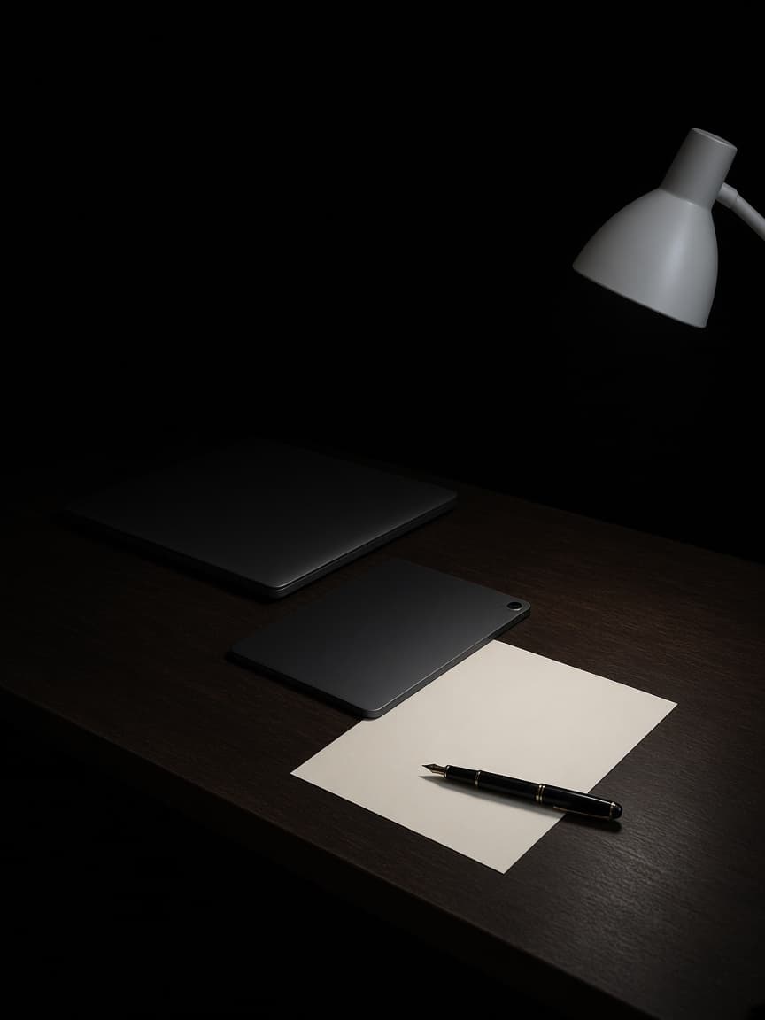 A laptop, tablet, and fountain pen on a dark desk under a cool lamp.