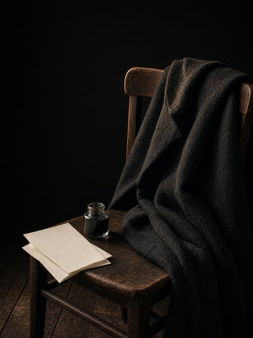 A folded letter and ink bottle beside a dark coat on a chair.
