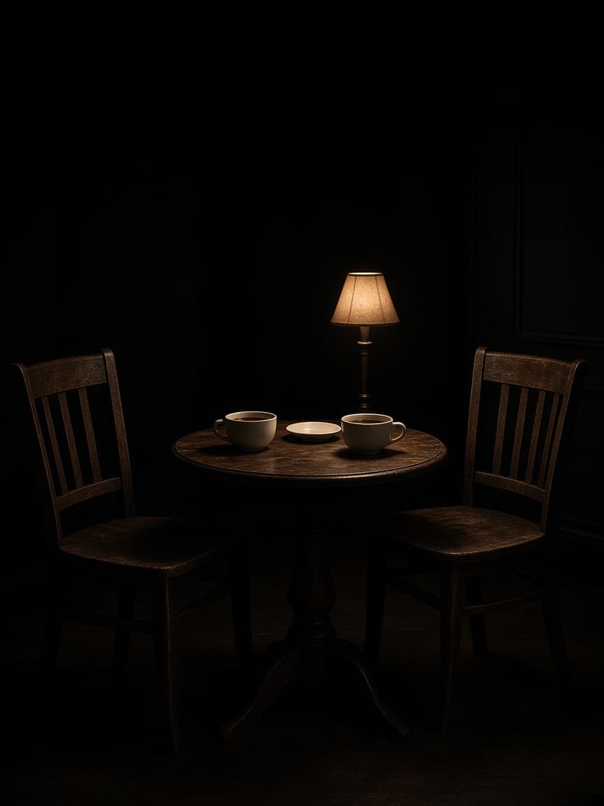 Two chairs at a small table with tea, set for a conversation.
