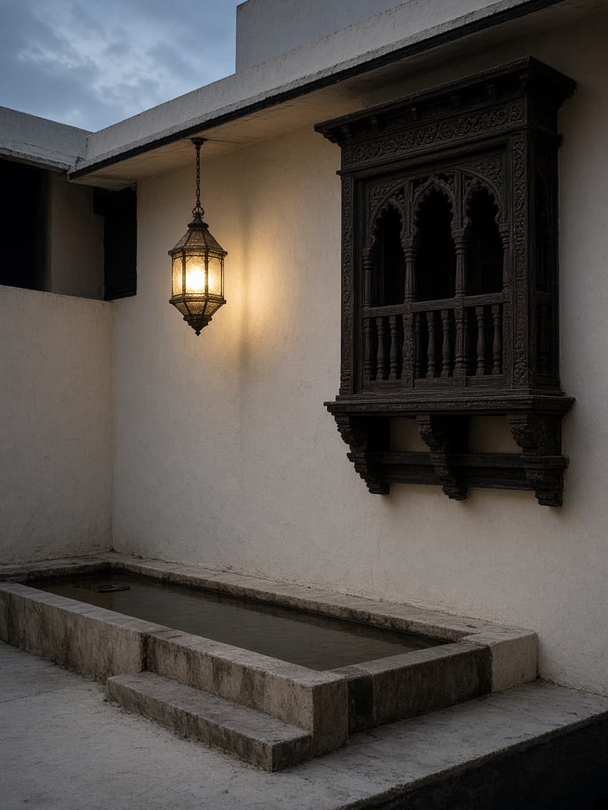 A lime-washed courtyard with a single lantern at dusk.