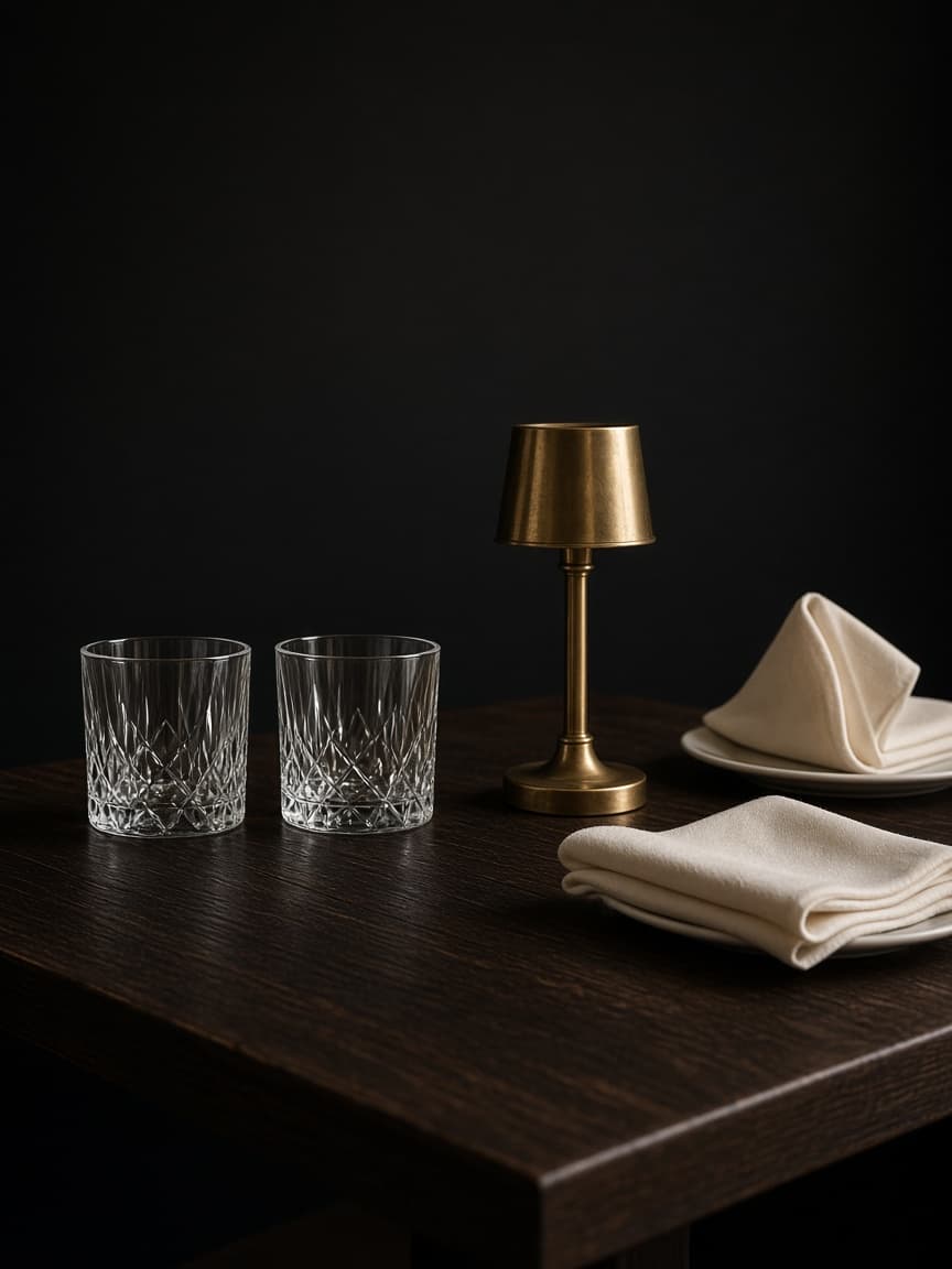 A side view of a set table with glasses and a single lamp.