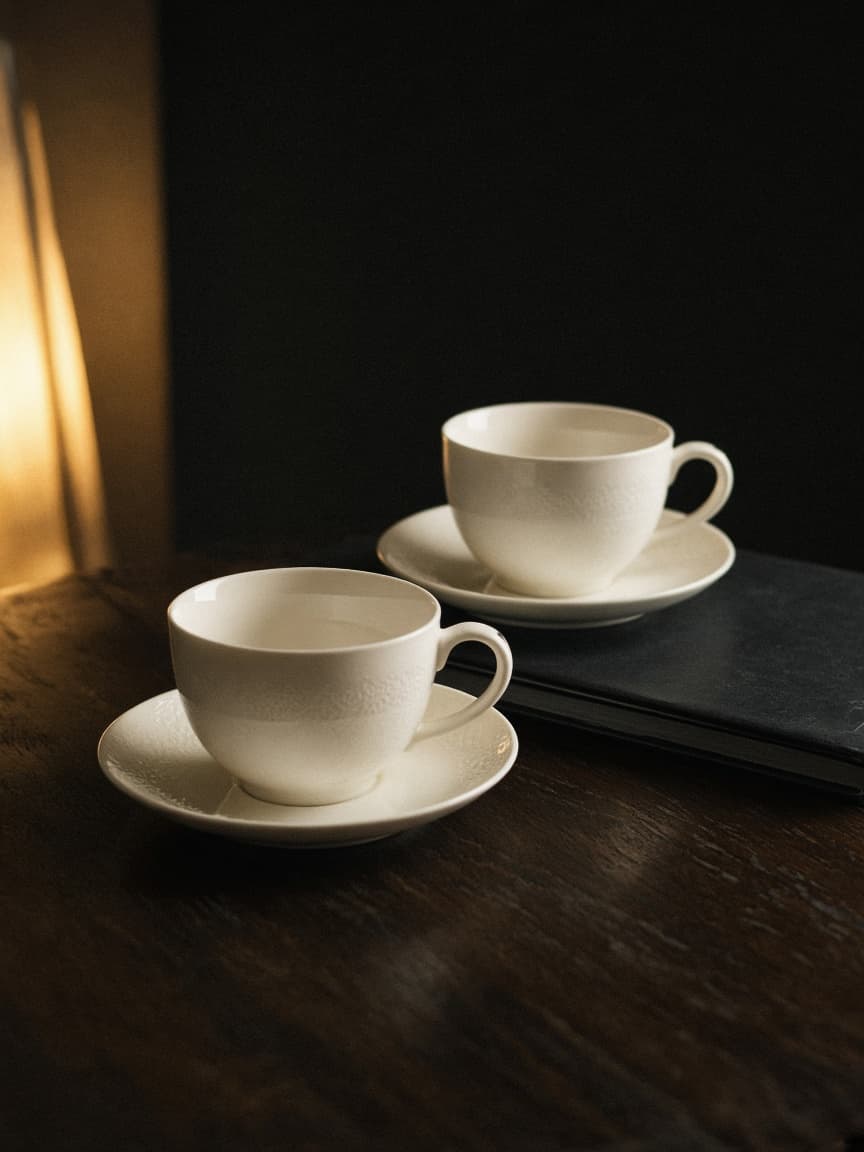 Two teacups and a closed notebook on a dark wood table.