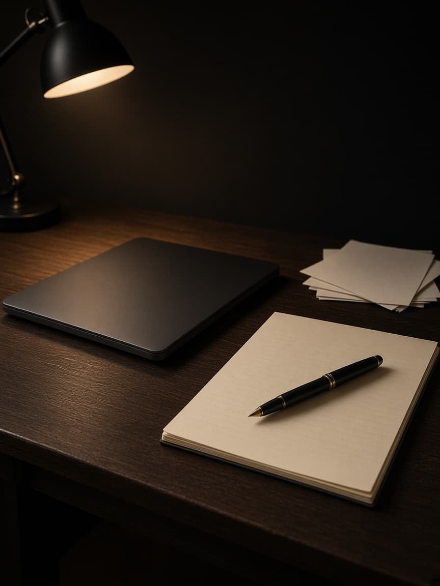 A desk with a laptop, legal pad, fountain pen, and ivory paper.