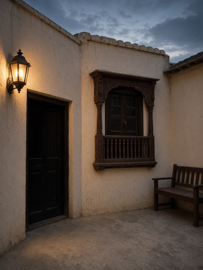 A quiet evening courtyard with stone, wood, and warm light.
