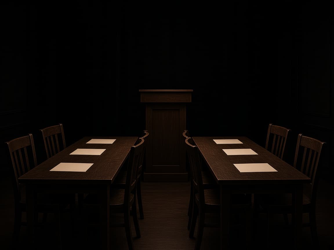 An empty lectern facing two tables in a quiet seminar room.