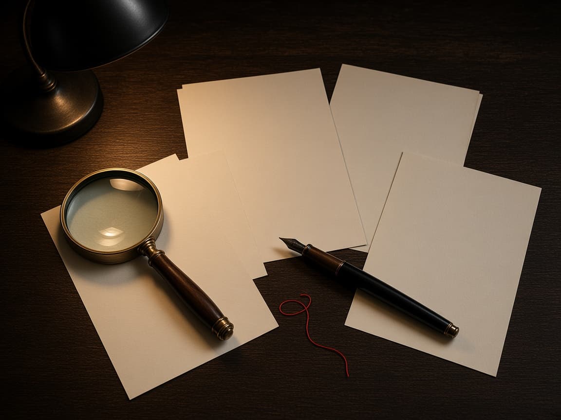 Scattered evidence and witness statements on a dark desk under a warm lamp.